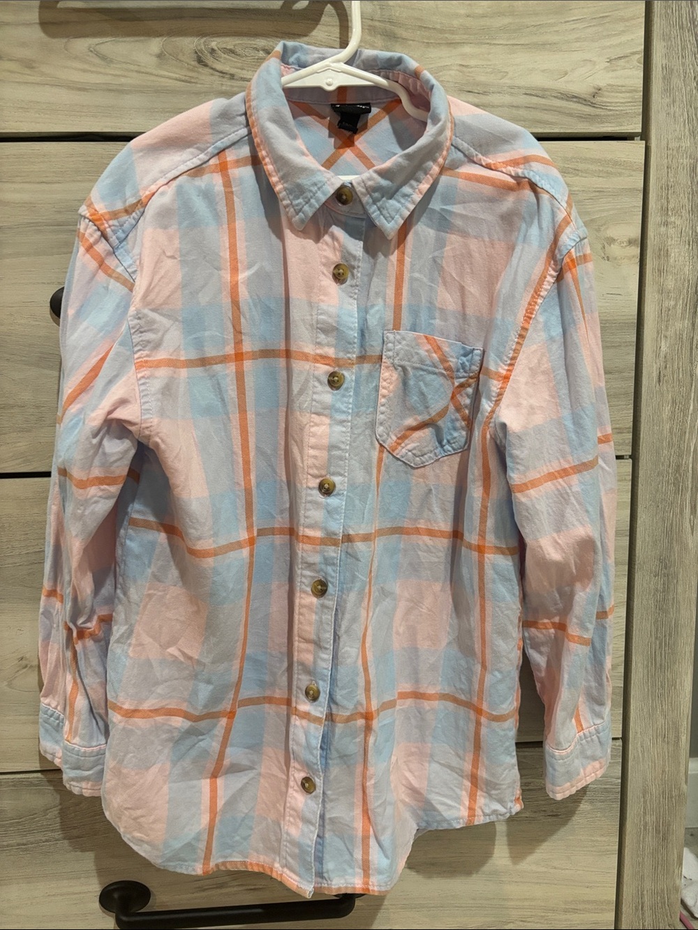 Girls Plaid Button-Up Shirt in Light Blue & Pink
